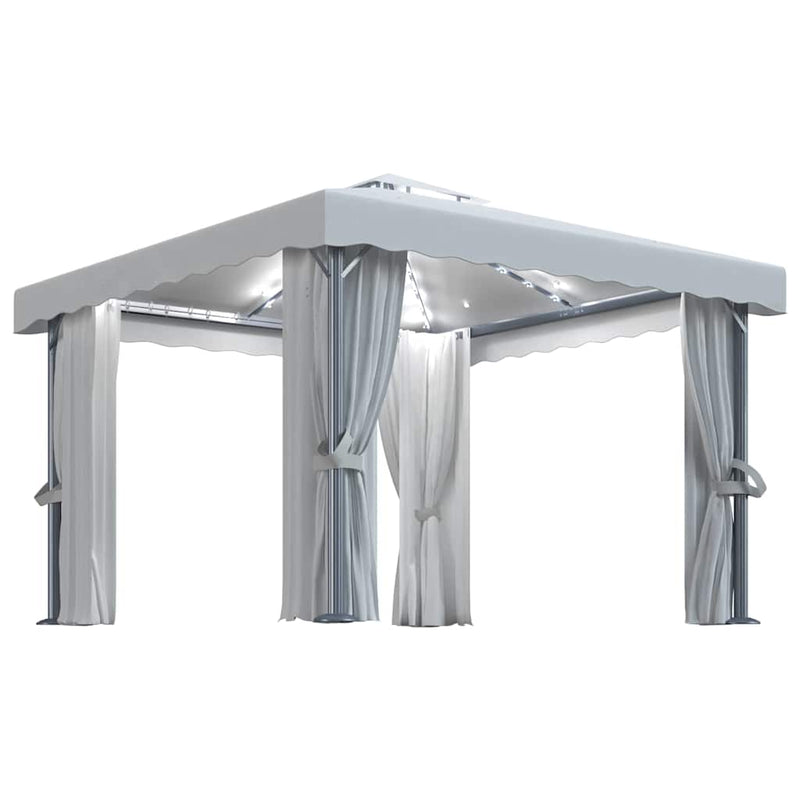 Pavilion cu perdele & șiruri lumini LED, alb crem, 3x3 m