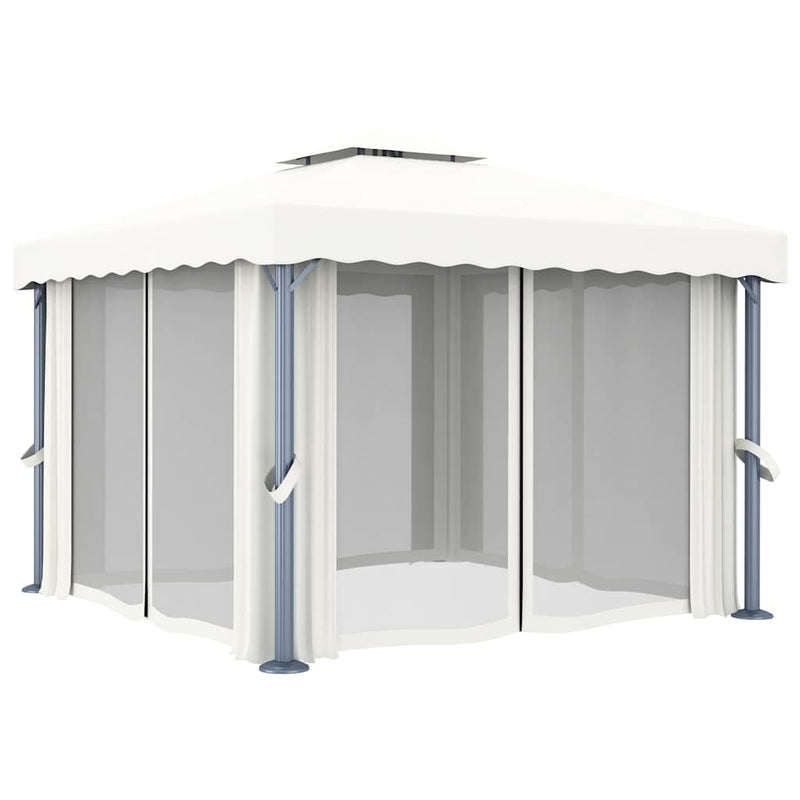 Pavilion cu perdele & șiruri lumini LED, alb crem, 3x3 m