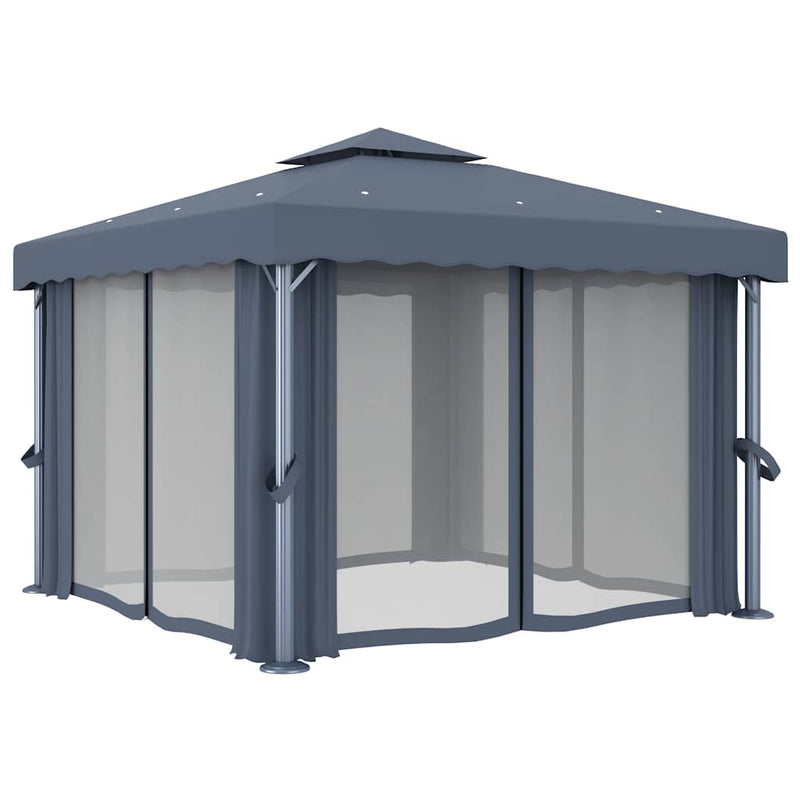 Pavilion cu perdele & șiruri lumini LED, antracit, 3x3 m