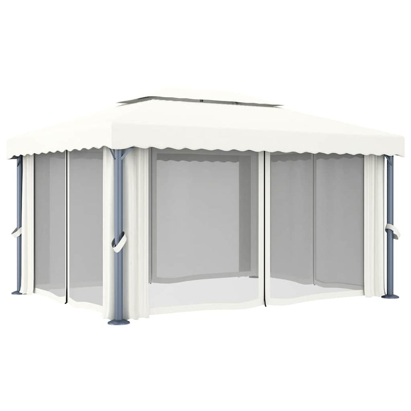 Pavilion cu perdele & șiruri lumini LED, alb crem, 4x3 m