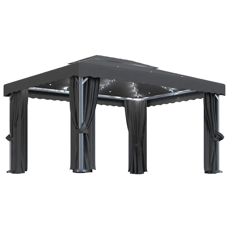 Pavilion cu perdele & șiruri lumini LED, antracit, 4x3 m