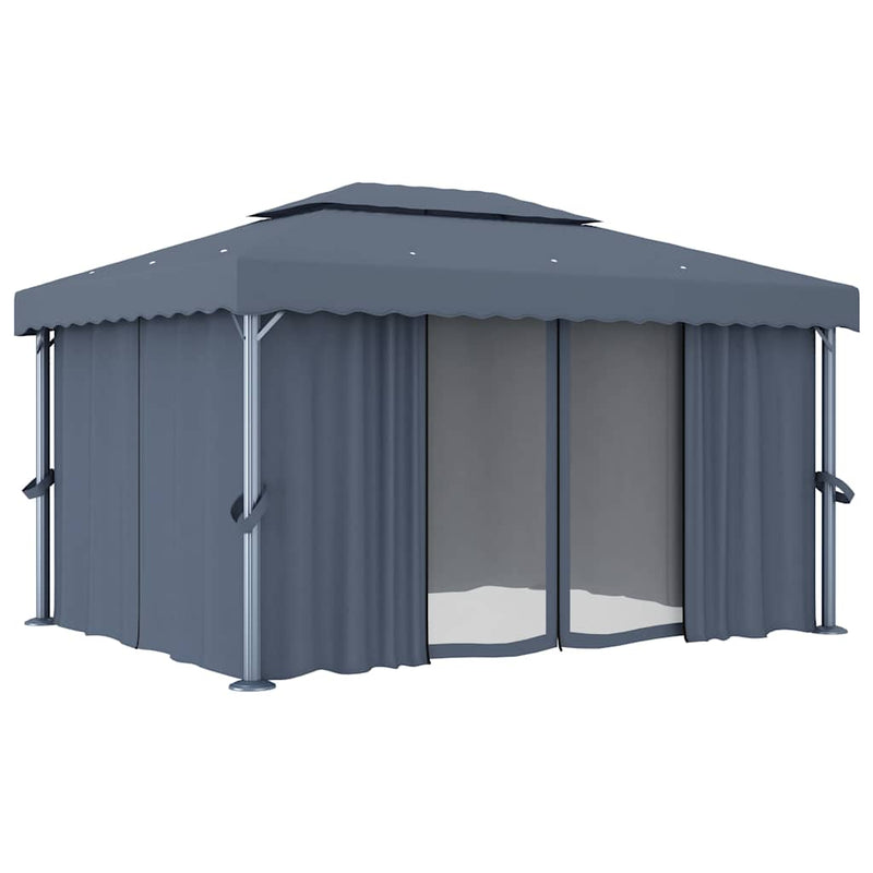 Pavilion cu perdele & șiruri lumini LED, antracit, 4x3 m