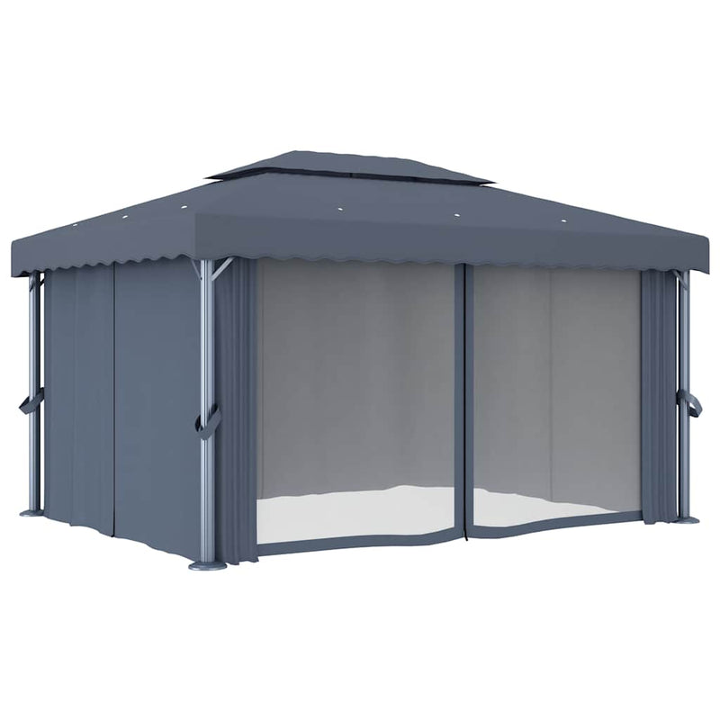 Pavilion cu perdele & șiruri lumini LED, antracit, 4x3 m