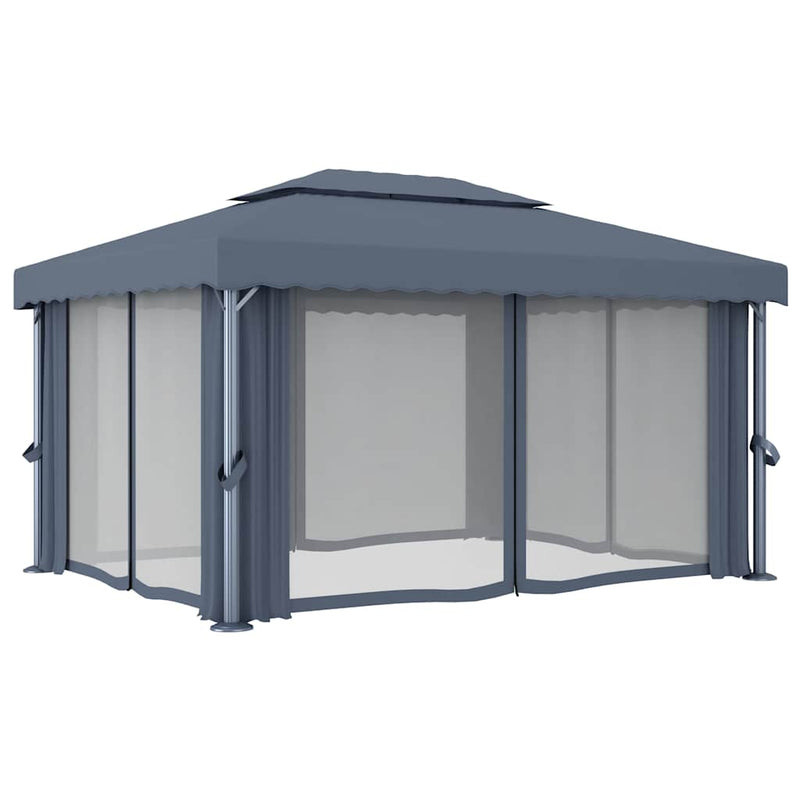 Pavilion cu perdele & șiruri lumini LED, antracit, 4x3 m