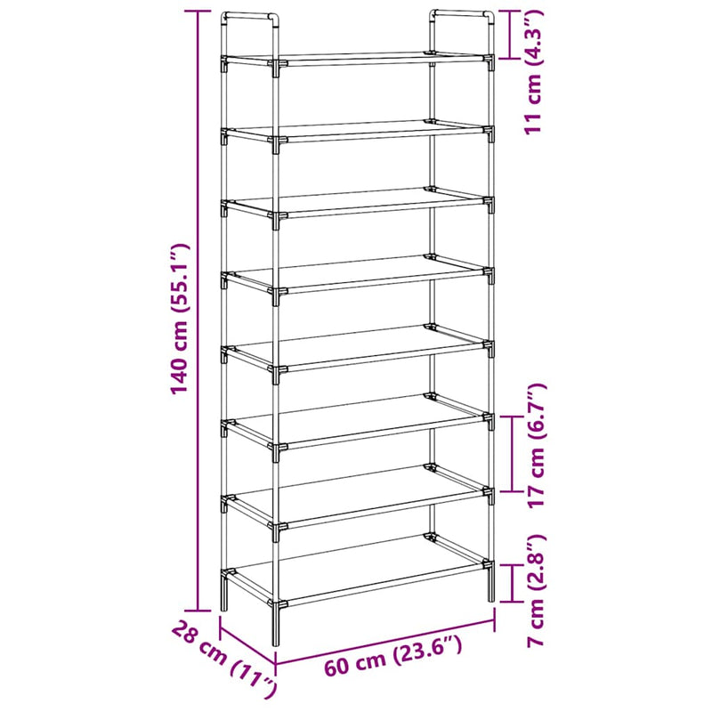 Raft încălțăminte 8 etajere, argintiu, metal și textil nețesut