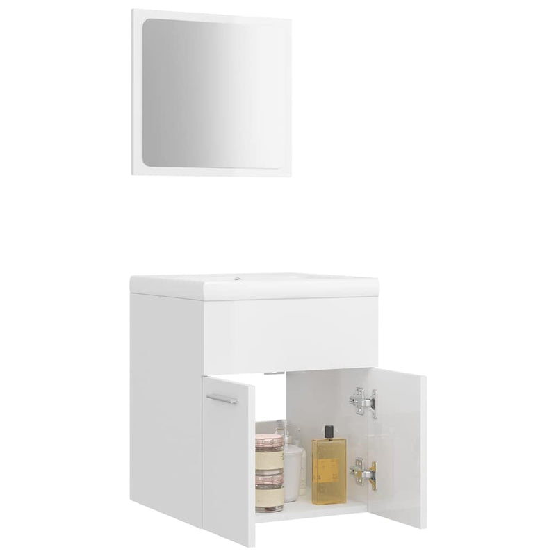 Set mobilier de baie, alb extralucios, lemn prelucrat