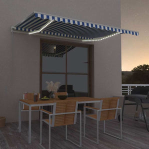 Copertină automată cu LED&senzor vânt, albastru/alb, 450x350 cm