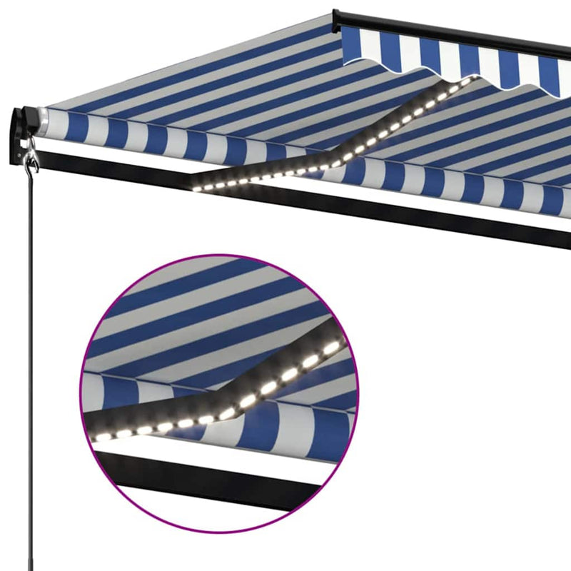Copertină retractabilă manual cu LED, albastru/alb, 400x350 cm