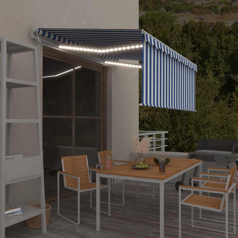 Copertină automată stor, LED senzor vânt albastru&alb 3,5x2,5 m