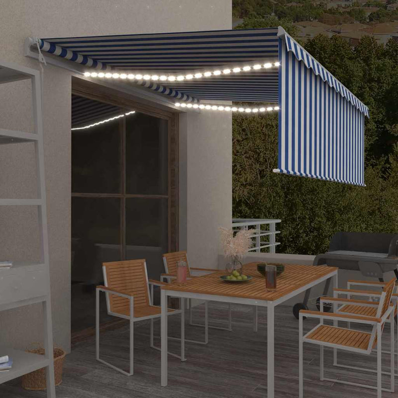 Copertină automată cu stor&senzor vânt&LED, albastru&alb, 4x3 m