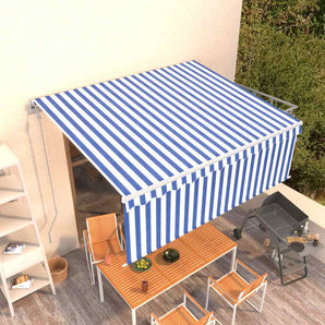 Copertină retractabilă automat cu stor, albastru&alb, 4,5x3 m