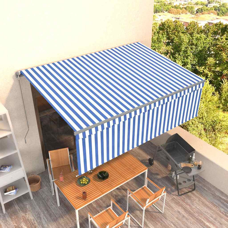 Copertină retractabilă manual cu stor, albastru & alb, 4x3 m