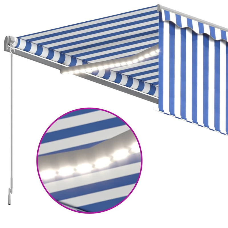 Copertină retractabilă manual cu stor&LED, albastru&alb, 4x3 m