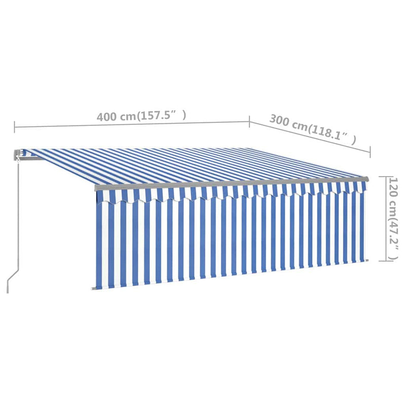 Copertină retractabilă manual cu stor&LED, albastru&alb, 4x3 m