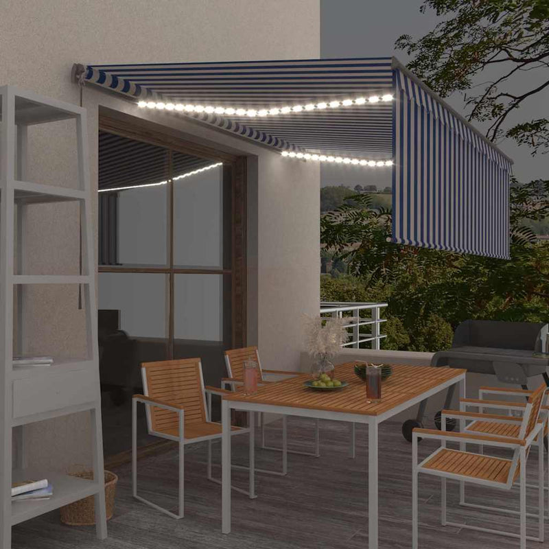 Copertină retractabilă manual cu stor&LED, albastru&alb, 4x3 m