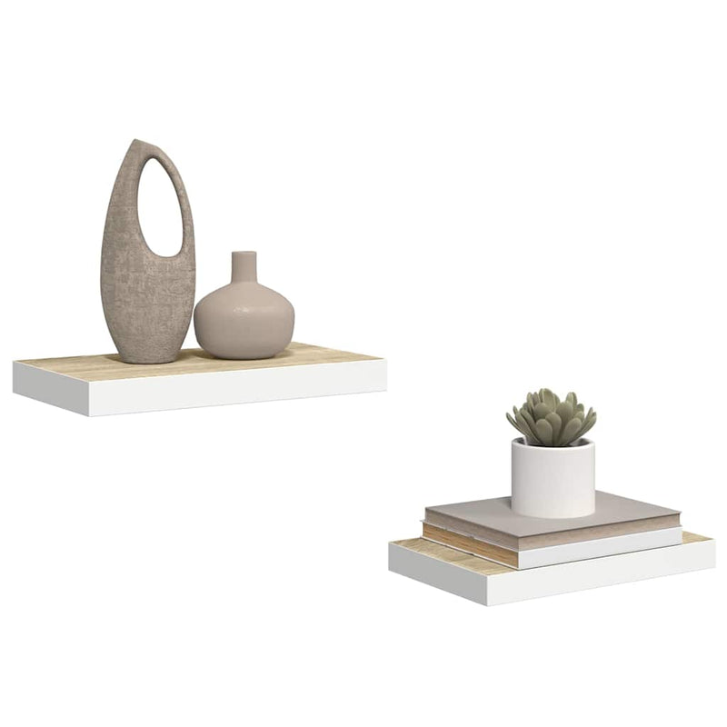 Rafturi perete suspendate 2 buc. alb/stejar 50x23,5x3,8cm MDF