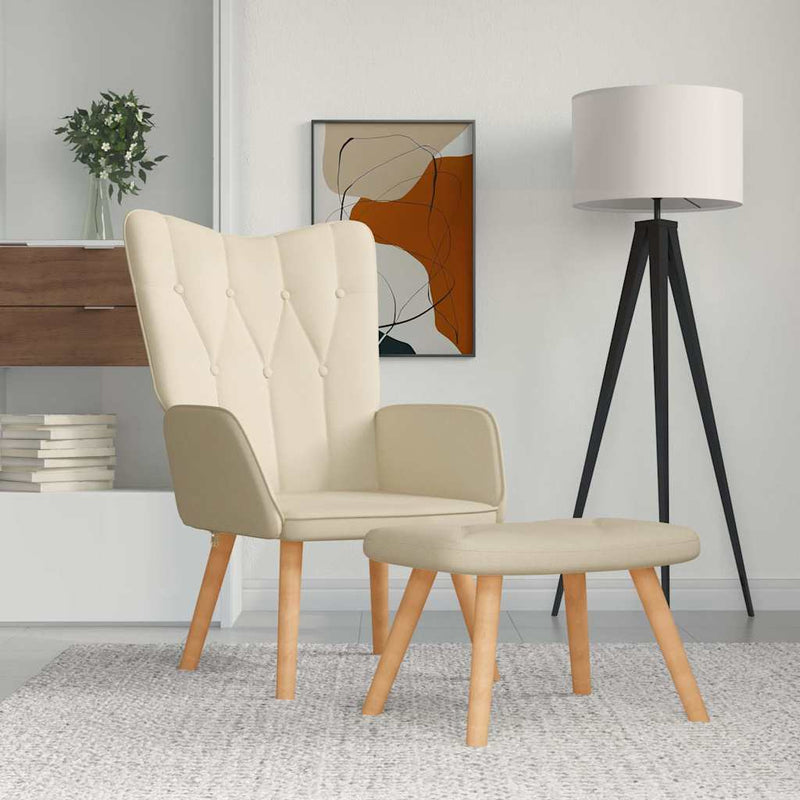 Scaun de relaxare cu taburet, crem, material textil