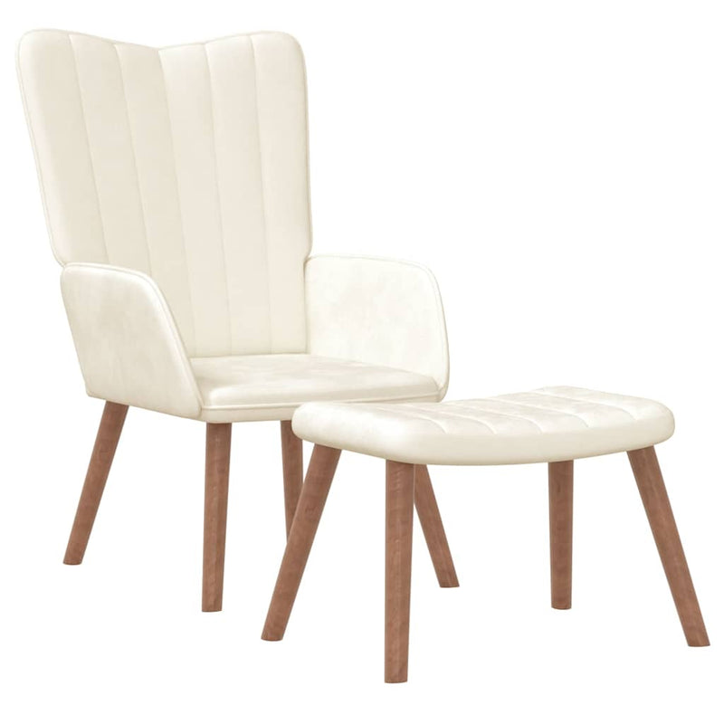 Scaun de relaxare cu taburet, alb crem, catifea