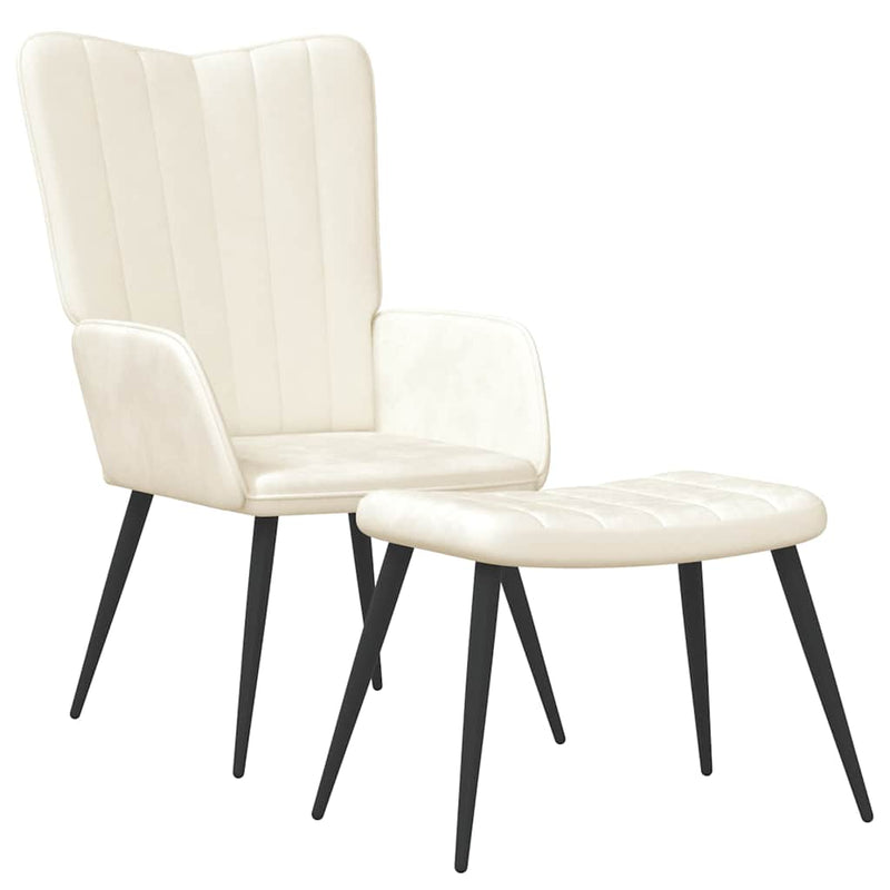 Scaun de relaxare cu taburet, alb crem, catifea
