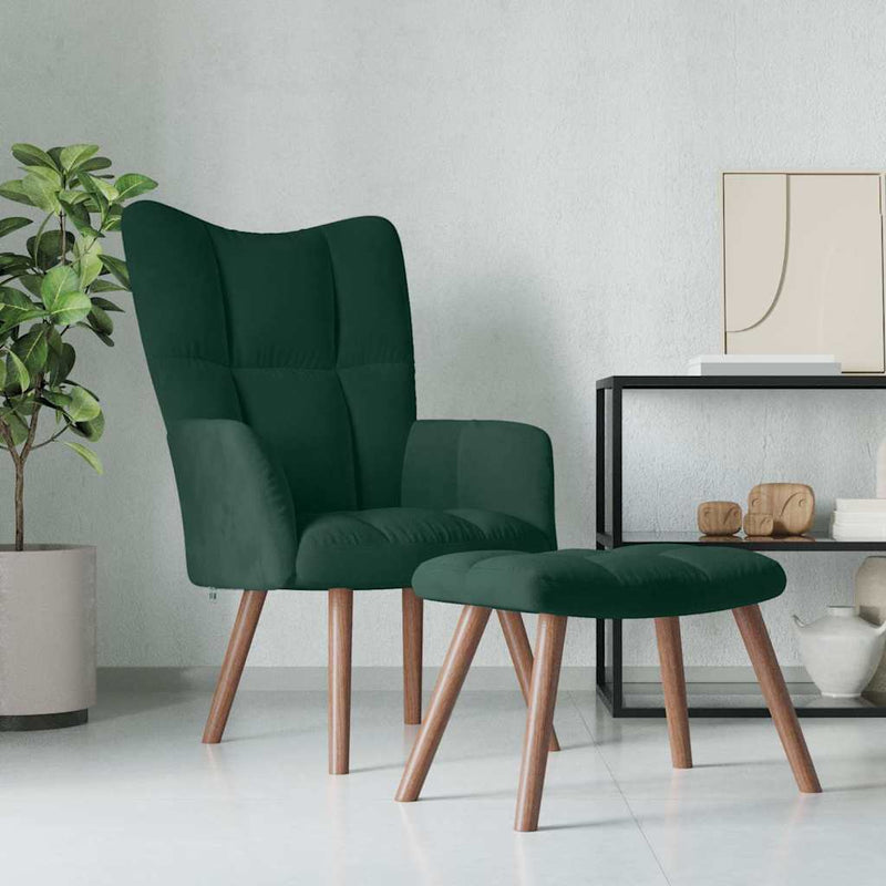 Scaun de relaxare cu taburet, verde închis, catifea