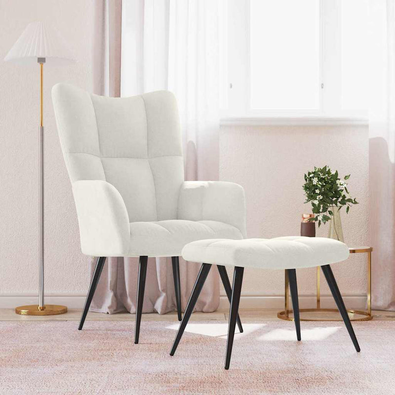 Scaun de relaxare cu taburet, alb crem, catifea