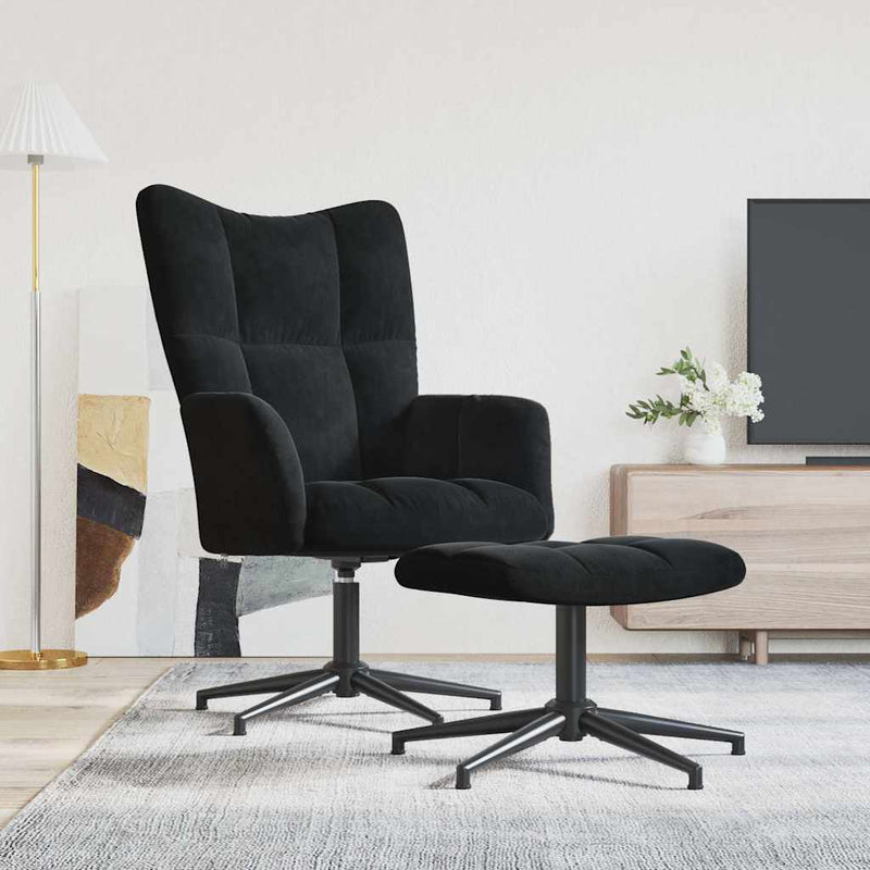 Scaun de relaxare cu taburet, negru, catifea