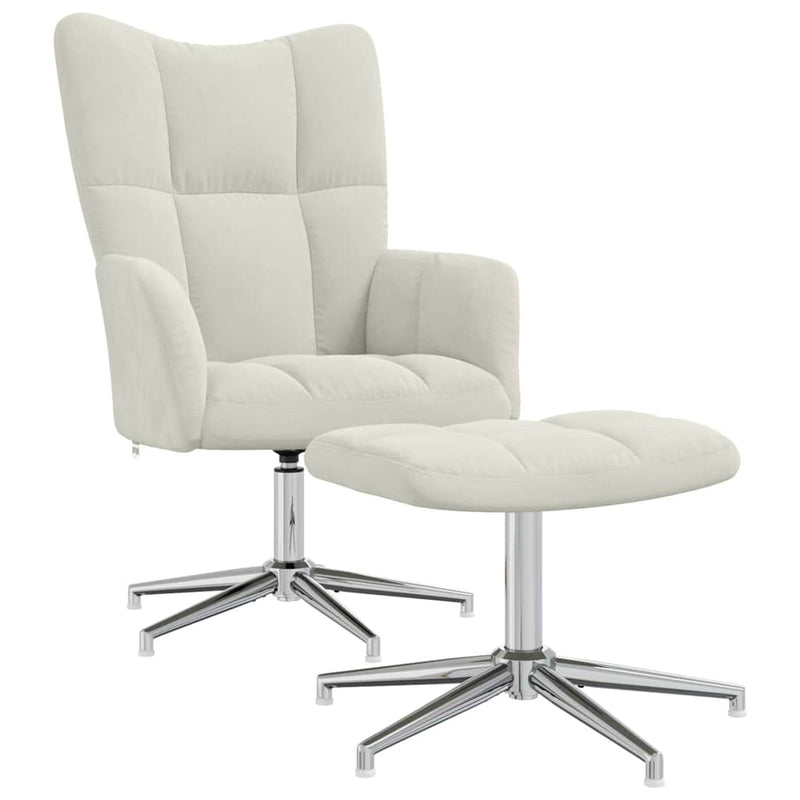 Scaun de relaxare cu taburet, alb crem, catifea