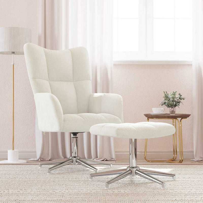 Scaun de relaxare cu taburet, alb crem, catifea
