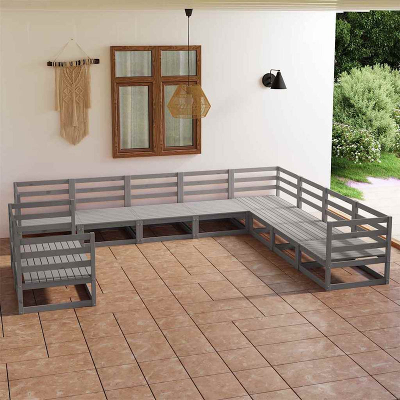 Set mobilier de grădină, 10 piese, gri, lemn masiv de pin