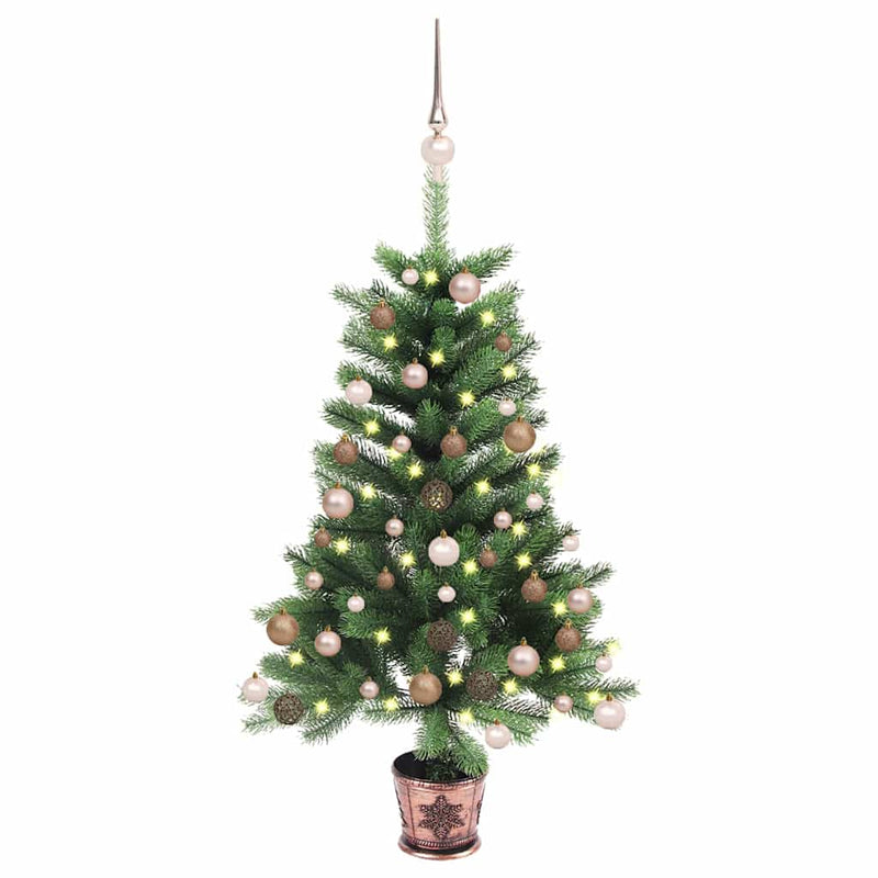 Brad Crăciun pre-iluminat artificial, set globuri, verde, 90 cm