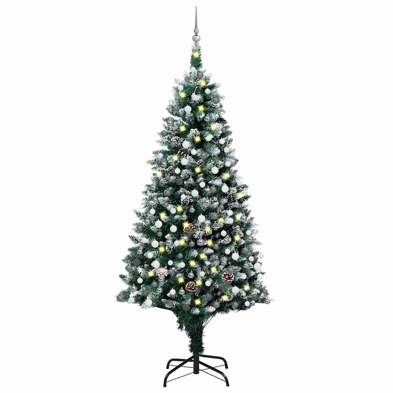 Brad Crăciun artificial cu LED-uri/globuri/conuri pin, 210 cm