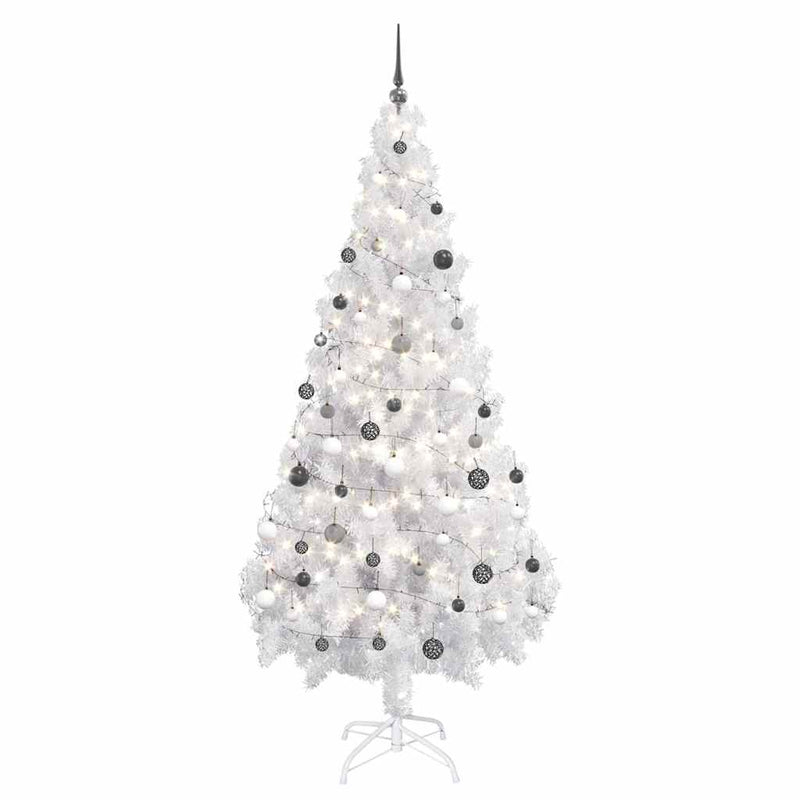 Brad Crăciun pre-iluminat artificial set globuri alb 180 cm PVC