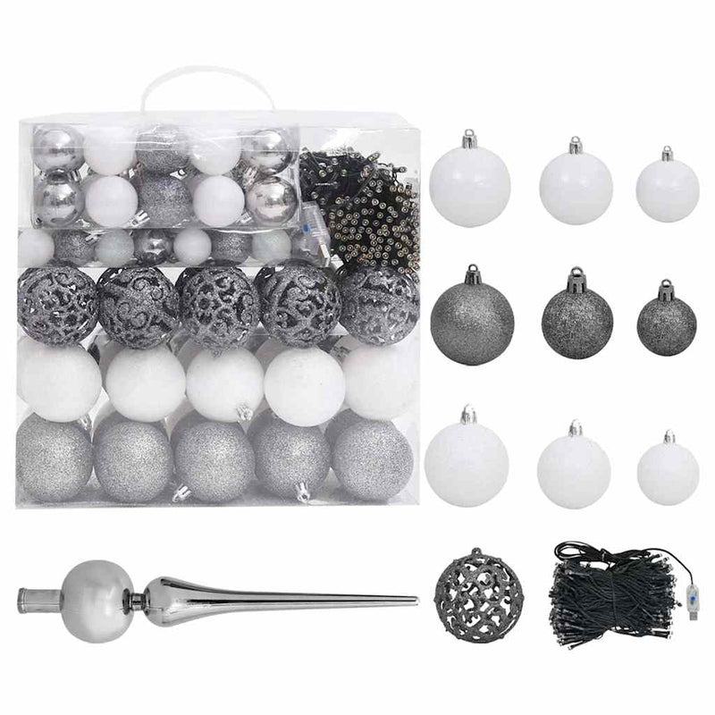 Brad Crăciun pre-iluminat artificial set globuri alb 210 cm PVC