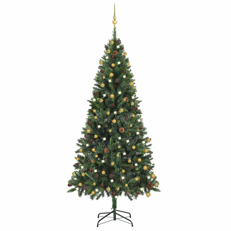 Brad Crăciun pre-iluminat artificial set globuri, verde, 210 cm