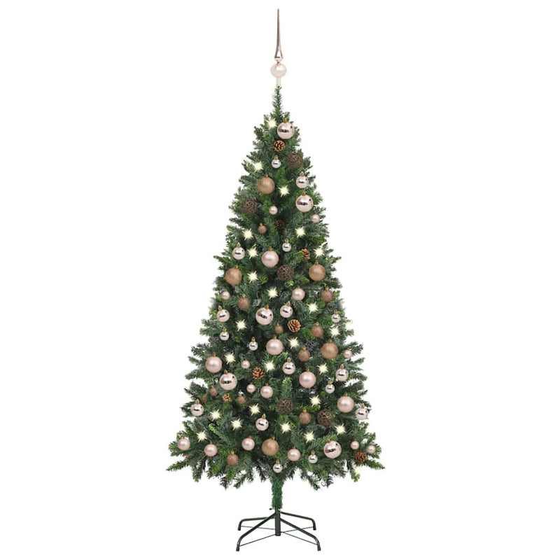 Brad Crăciun artificial pre-iluminat globuri/conuri pin, 180 cm