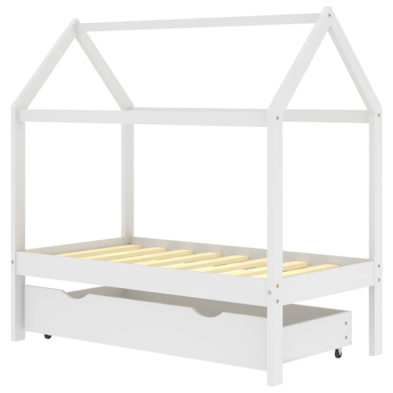 Cadru pat copii cu un sertar, alb, 70x140 cm, lemn masiv de pin