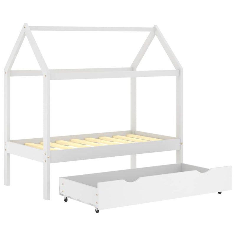 Cadru pat copii cu un sertar, alb, 70x140 cm, lemn masiv de pin
