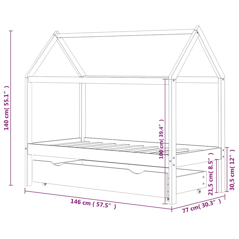 Cadru pat copii cu un sertar, alb, 70x140 cm, lemn masiv de pin