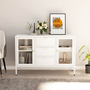 Servantă, alb, 105x35x70 cm, oțel și sticlă securizată