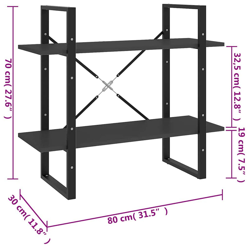 Bibliotecă cu 2 rafturi, gri, 80x30x70 cm, PAL