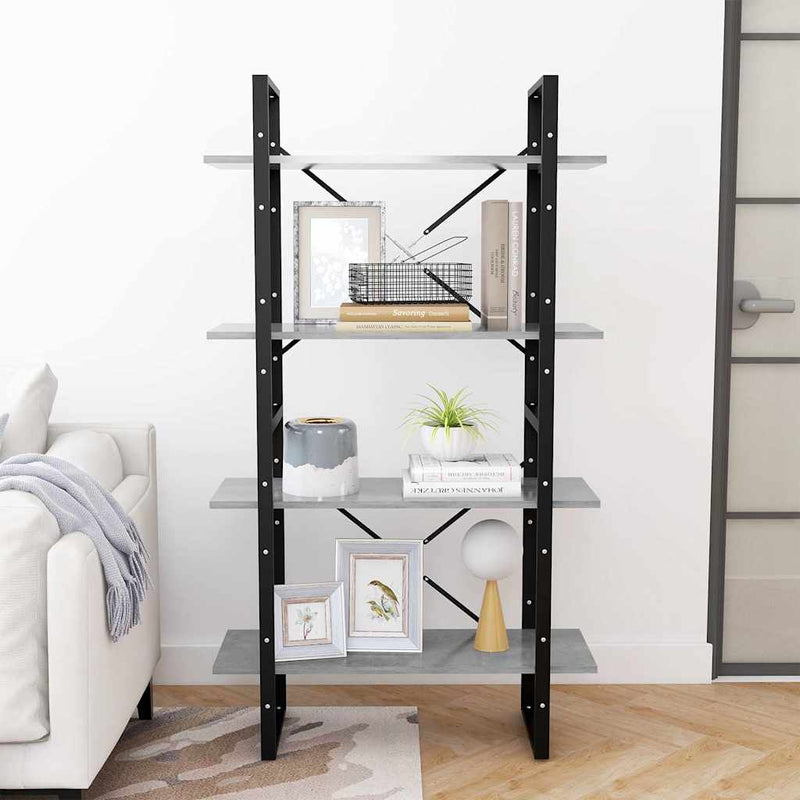 Bibliotecă cu 4 rafturi, gri beton, 80x30x140 cm, PAL
