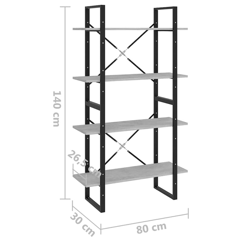 Bibliotecă cu 4 rafturi, gri beton, 80x30x140 cm, PAL