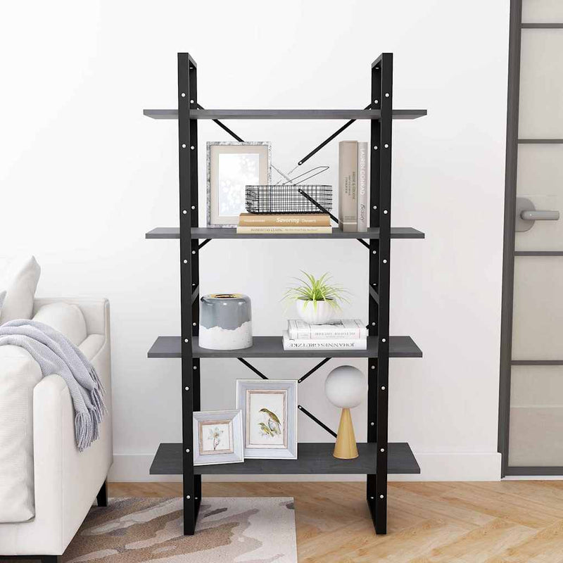 Bibliotecă cu 4 rafturi, gri, 80x30x140 cm, lemn masiv de pin