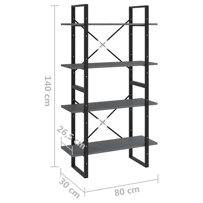 Bibliotecă cu 4 rafturi, gri, 80x30x140 cm, lemn masiv de pin