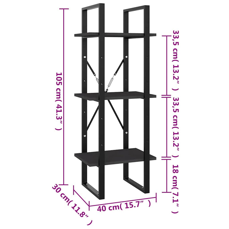 Bibliotecă cu 3 rafturi, gri, 40x30x105 cm, PAL
