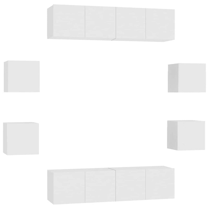 Set de dulapuri TV, 8 piese, alb, lemn prelucrat