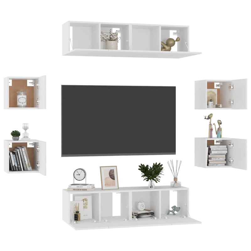 Set de dulapuri TV, 8 piese, alb, lemn prelucrat