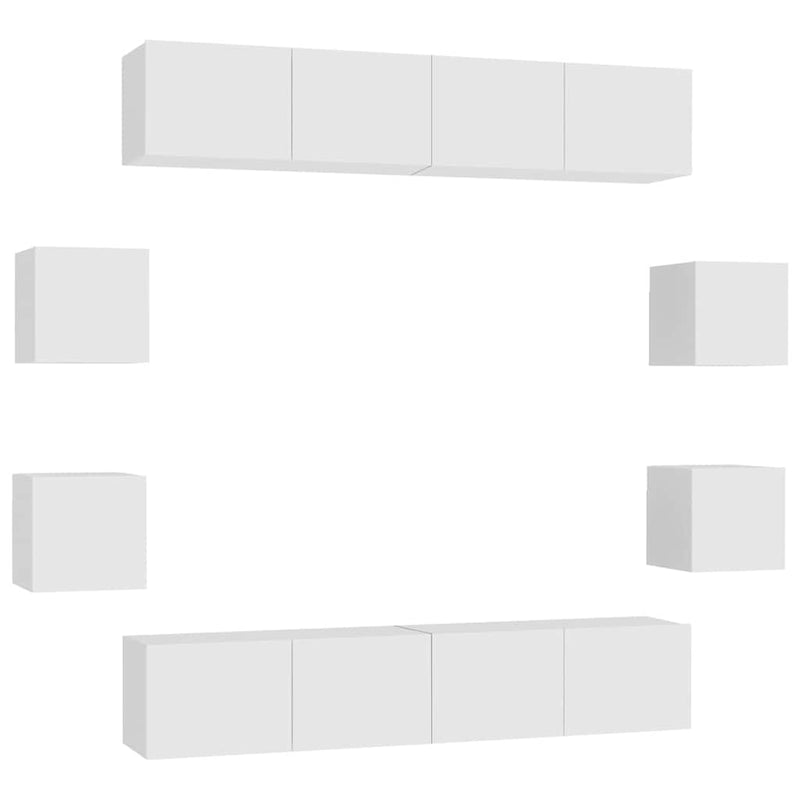 Set de dulapuri TV, 8 piese, alb, lemn prelucrat