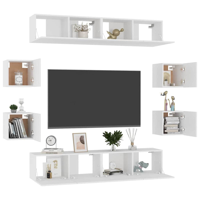 Set de dulapuri TV, 8 piese, alb, lemn prelucrat