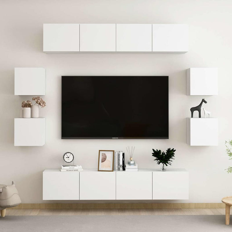 Set de dulapuri TV, 8 piese, alb, lemn prelucrat